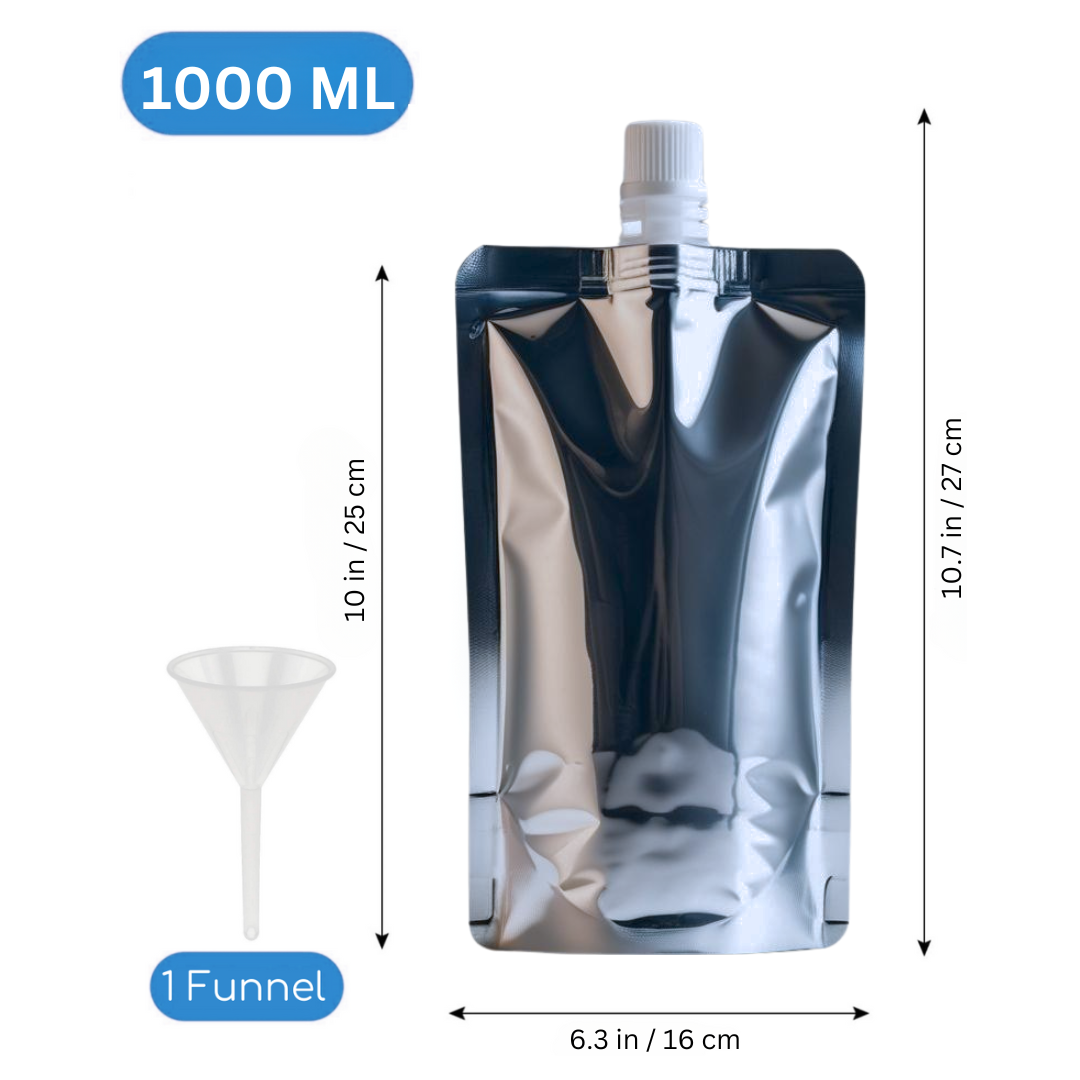 1000 ML Glossy Silver Spout Pouch for Hot and Cold Beverages | Hot Tea Coffee Delivery and Takeaway Pouch | Handwash, Liquid Detergent LDPE Storage Pouch with Cap