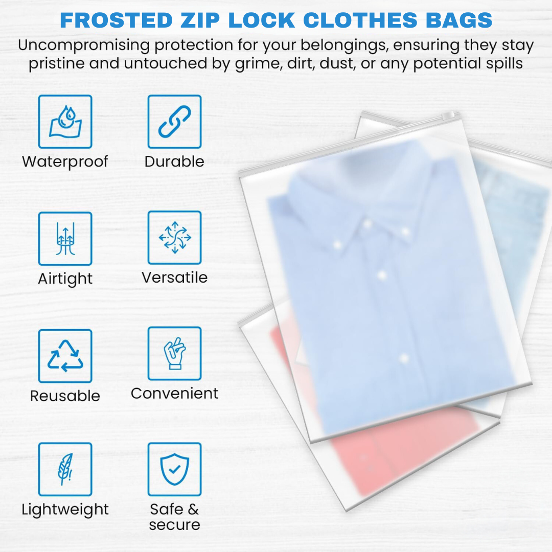Frosted Zipper Bag | Clothes Bag | Travel Bag For Shoes Cosmetics Jewellery Toiletries School Trip | Resealable Luggage Bag | LDPE Zip Lock Space Saver Bags with Air Vent Hole