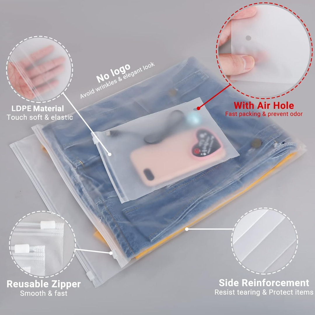 Frosted Zipper Bag | Clothes Bag | Travel Bag For Shoes Cosmetics Jewellery Toiletries School Trip | Resealable Luggage Bag | LDPE Zip Lock Space Saver Bags with Air Vent Hole