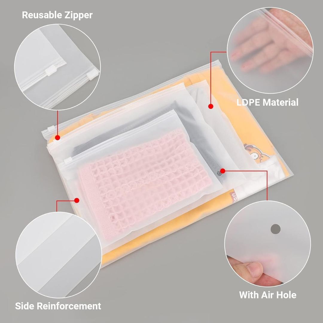Frosted Zipper Bag | Clothes Bag | Travel Bag For Shoes Cosmetics Jewellery Toiletries School Trip | Resealable Luggage Bag | LDPE Zip Lock Space Saver Bags with Air Vent Hole