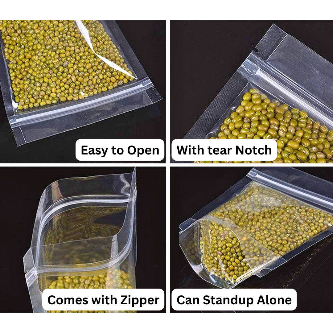 Transparent Standup Zipper Pouch | Reusable LDPE Zip Lock Bag for Food Storage | Product Packing Pouch | Clear Zip Seal Pouch For Travel and Home Use