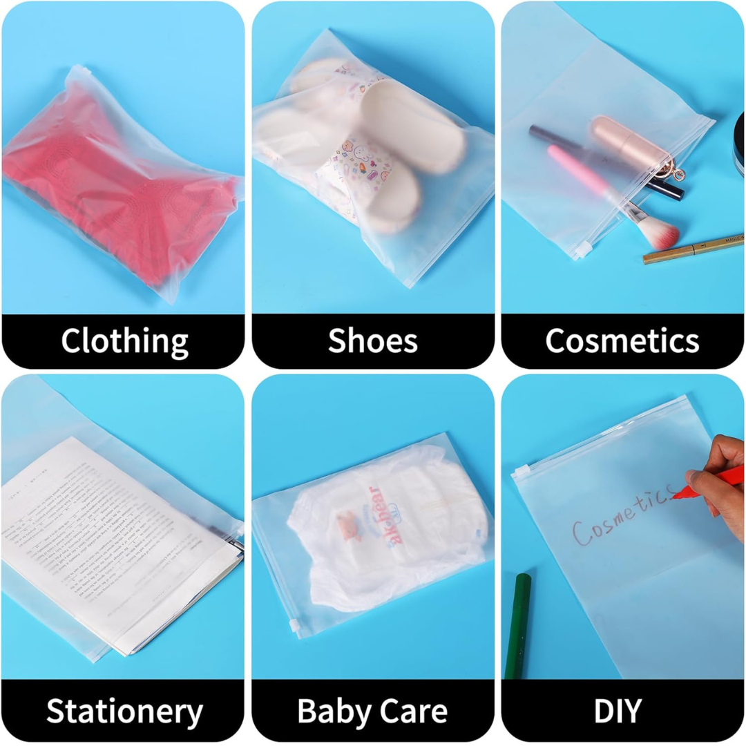 Frosted Zipper Bag | Clothes Bag | Travel Bag For Shoes Cosmetics Jewellery Toiletries School Trip | Resealable Luggage Bag | LDPE Zip Lock Space Saver Bags with Air Vent Hole