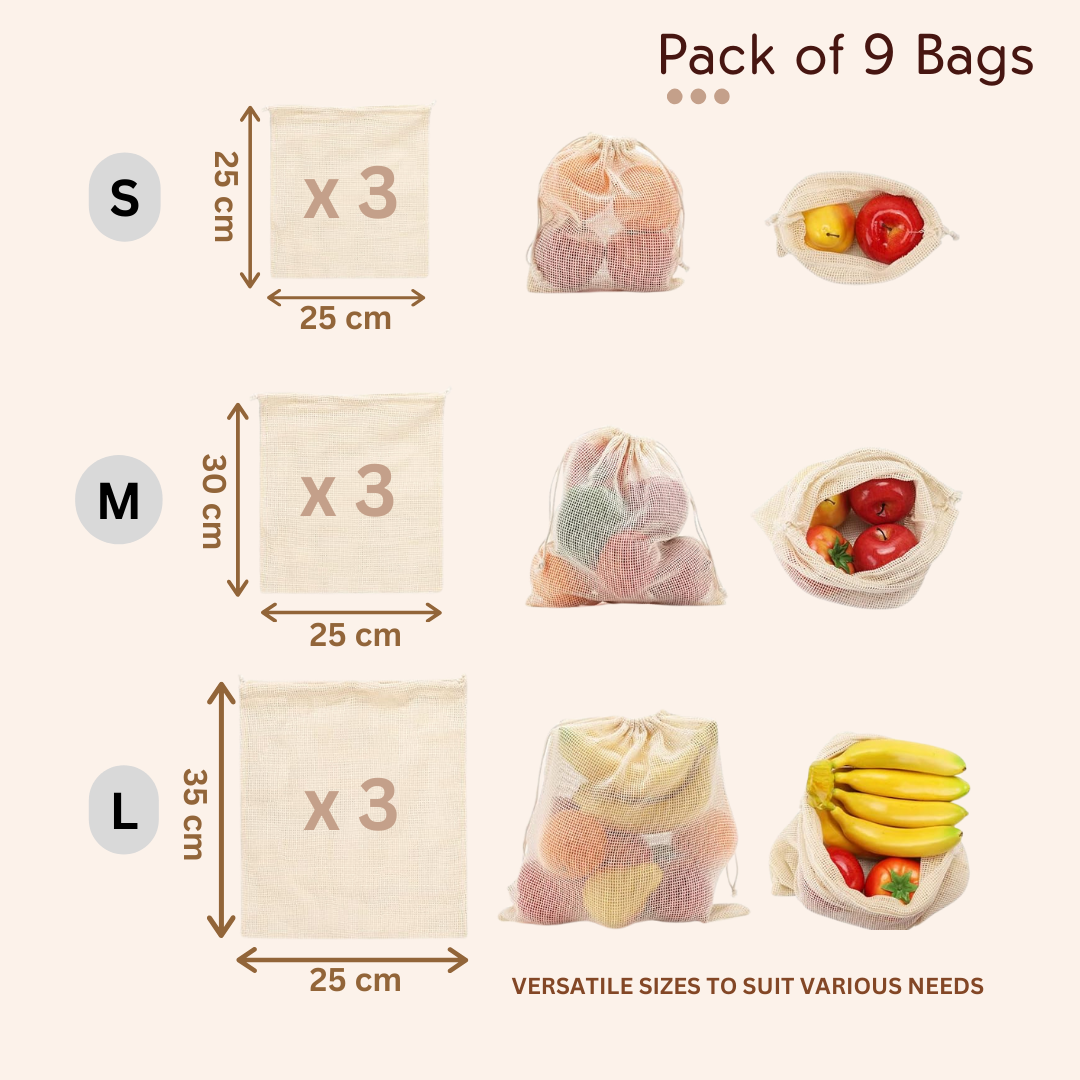 100% Cotton Mesh Net Vegetable Fruit Fridge Bag | Eco-friendly Natural White Washable Reusable Drawstring Zip Bags For Food Storage | Multipurpose Kitchen Organizer Grocery Bags