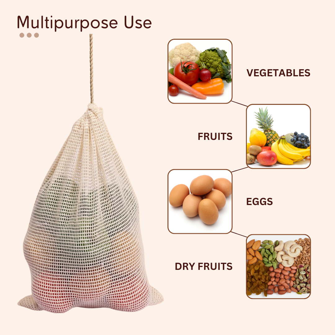 100% Cotton Mesh Net Vegetable Fruit Fridge Bag | Eco-friendly Natural White Washable Reusable Drawstring Zip Bags For Food Storage | Multipurpose Kitchen Organizer Grocery Bags