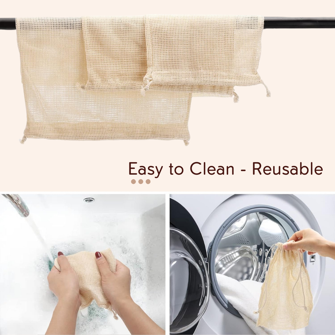 100% Cotton Mesh Net Vegetable Fruit Fridge Bag | Eco-friendly Natural White Washable Reusable Drawstring Zip Bags For Food Storage | Multipurpose Kitchen Organizer Grocery Bags
