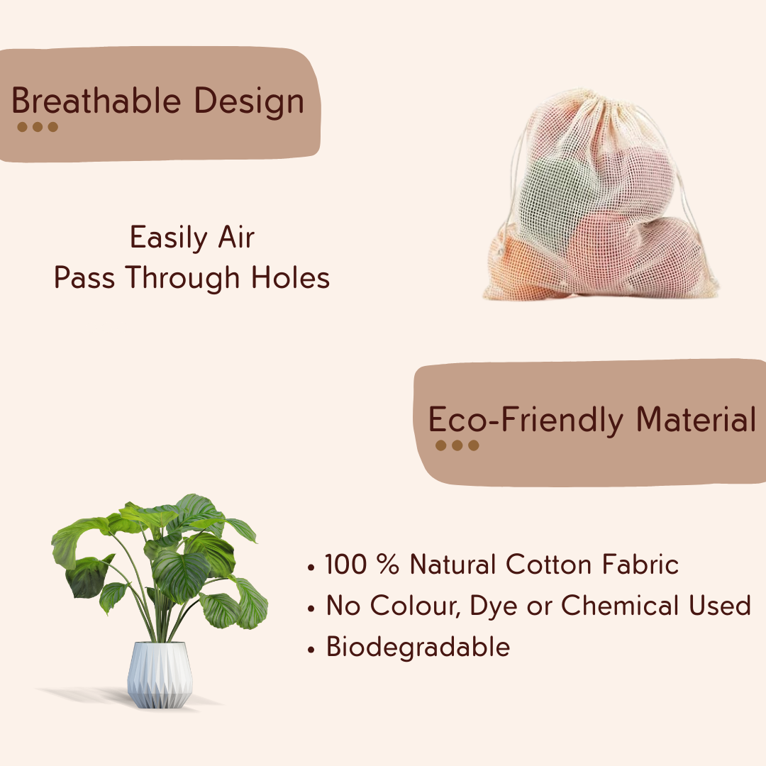 100% Cotton Mesh Net Vegetable Fruit Fridge Bag | Eco-friendly Natural White Washable Reusable Drawstring Zip Bags For Food Storage | Multipurpose Kitchen Organizer Grocery Bags