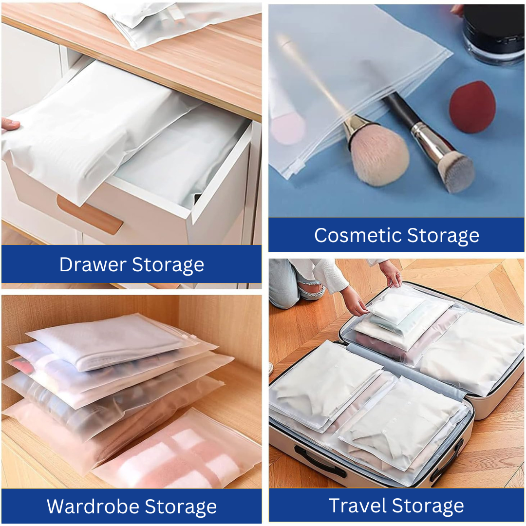 Frosted Zipper Bag | Clothes Bag | Travel Bag For Shoes Cosmetics Jewellery Toiletries School Trip | Resealable Luggage Bag | LDPE Zip Lock Space Saver Bags with Air Vent Hole
