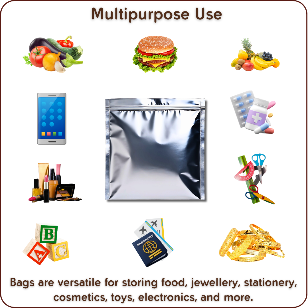 Zip 'N' Seal Metallised Silver Zip Lock Bags, Reusable Sandwich and Food Storage Bag, Airtight Foil Pouch with Zipper (Combo Pack of 30 Bags)
