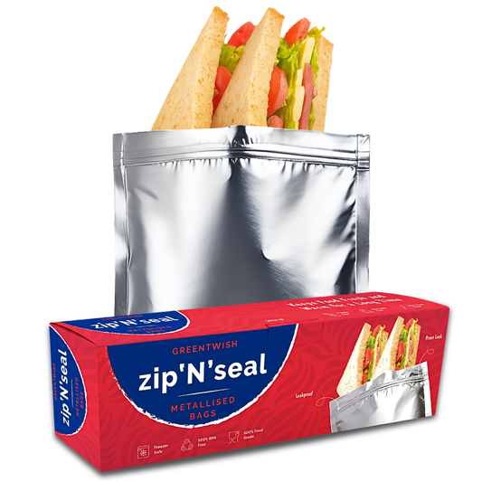 Zip 'N' Seal Metallised Silver Zip Lock Bags, Reusable Sandwich and Food Storage Bag, Airtight Foil Pouch with Zipper (Combo Pack of 30 Bags)