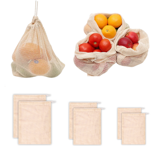 100% Cotton Mesh Net Vegetable Fruit Fridge Bag | Eco-friendly Natural White Washable Reusable Drawstring Zip Bags For Food Storage | Multipurpose Kitchen Organizer Grocery Bags