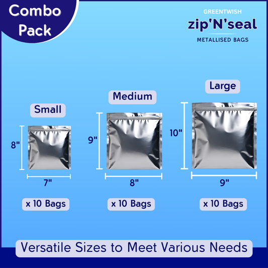 Zip 'N' Seal Metallised Silver Zip Lock Bags, Reusable Sandwich and Food Storage Bag, Airtight Foil Pouch with Zipper (Combo Pack of 30 Bags)
