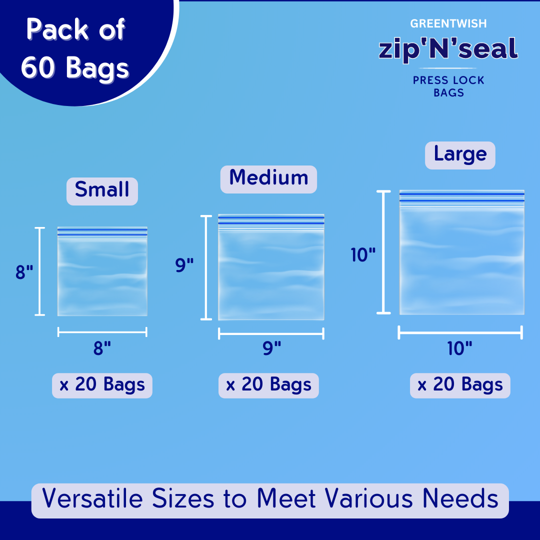 Zip 'N' Seal Dual Zipper Zip Lock Bags, Freezer/Microwave Safe, Zip Bags For Food Storage, BPA Free Reusable LDPE Transparent Freezer Bags