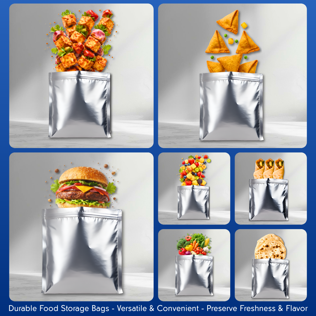 Zip 'N' Seal Metallised Silver Zip Lock Bags, Reusable Sandwich and Food Storage Bag, Airtight Foil Pouch with Zipper (Combo Pack of 30 Bags)