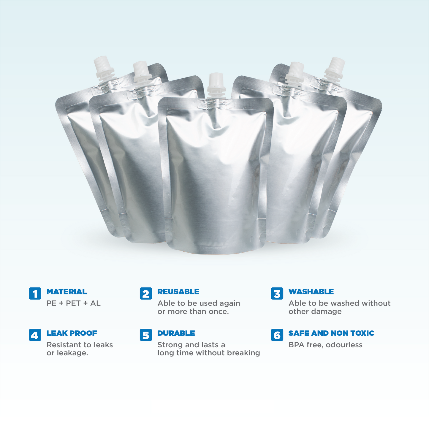 Silver Spout Pouch Combo Pack of 60 (125ml x 20, 250ml x 20, 500ml x 20)