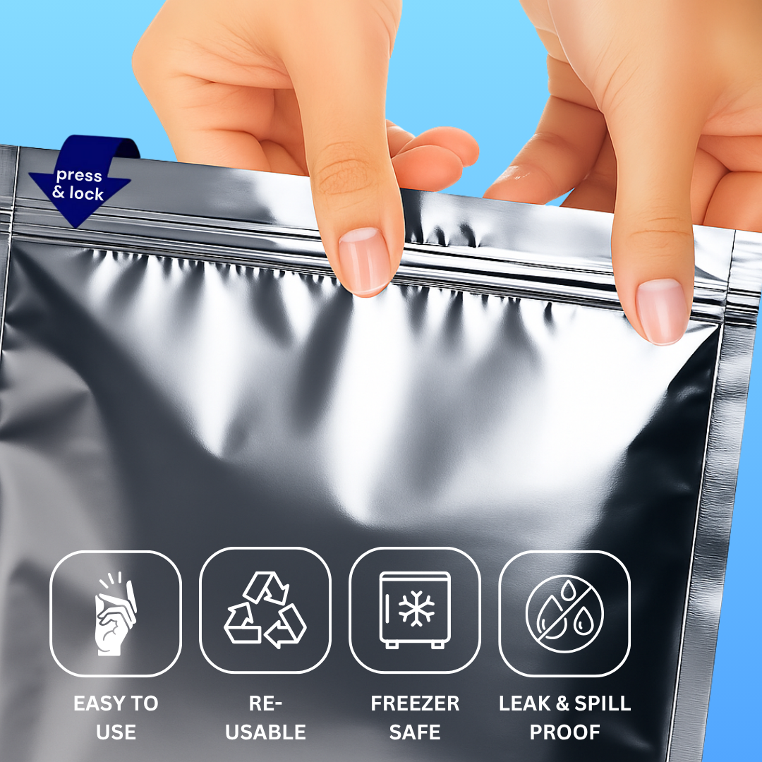 Zip 'N' Seal Metallised Silver Zip Lock Bags, Reusable Sandwich and Food Storage Bag, Airtight Foil Pouch with Zipper (Combo Pack of 30 Bags)