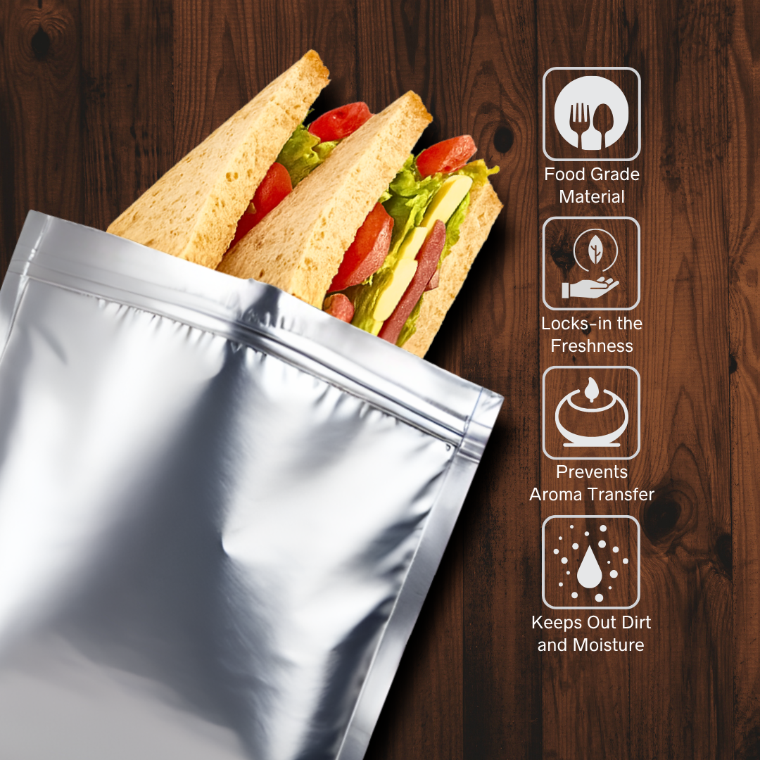 Zip 'N' Seal Metallised Silver Zip Lock Bags, Reusable Sandwich and Food Storage Bag, Airtight Foil Pouch with Zipper (Combo Pack of 30 Bags)