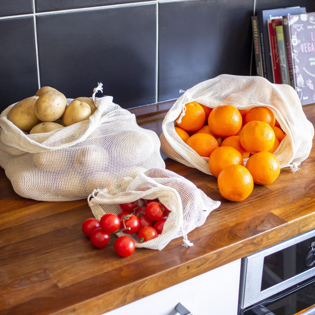 100% Cotton Mesh Net Vegetable Fruit Fridge Bag | Eco-friendly Natural White Washable Reusable Drawstring Zip Bags For Food Storage | Multipurpose Kitchen Organizer Grocery Bags