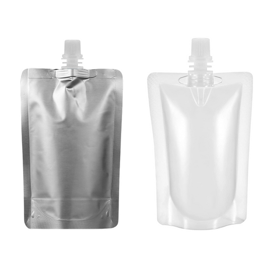 Silver and Transparent Spout Pouch Sample (2 Pcs Each Size) + 1 Funnel