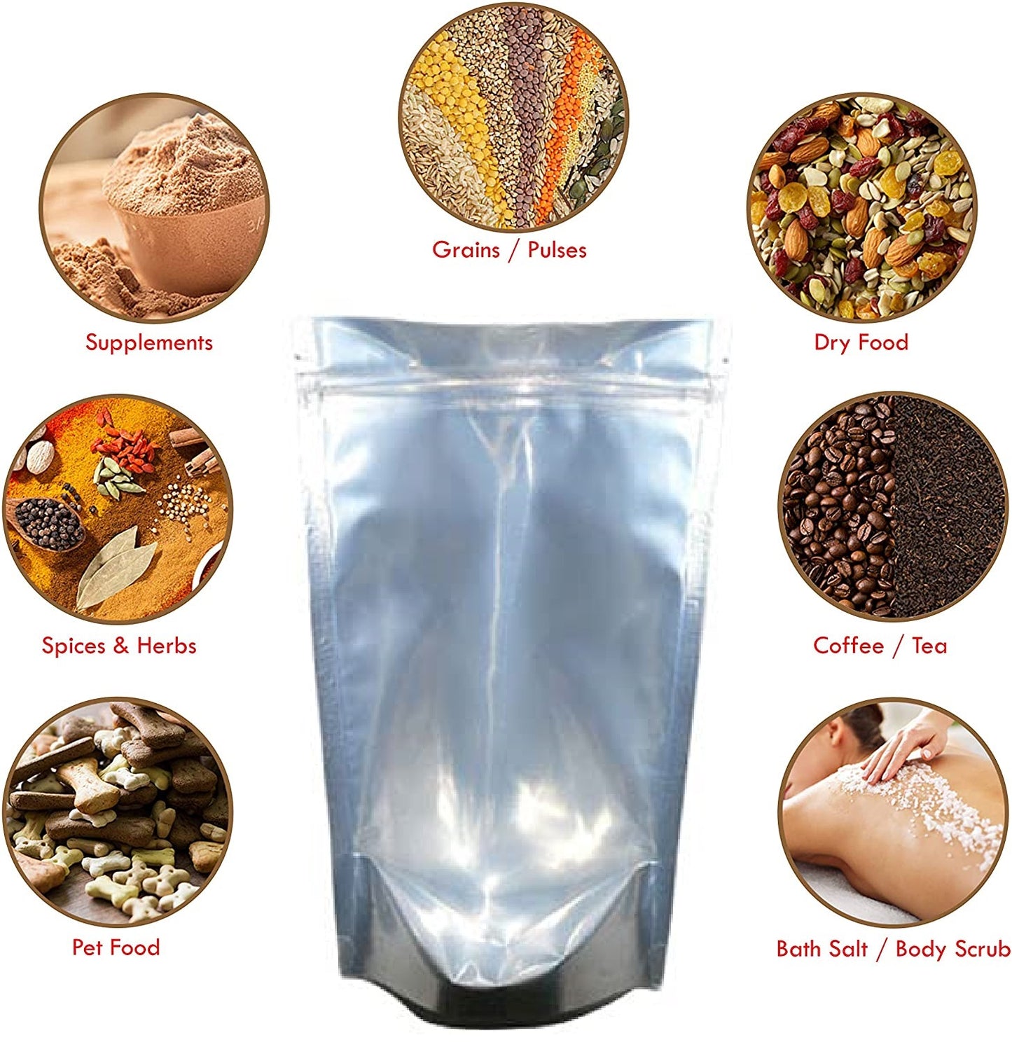 Transparent Front/Silver Back Food Graded Standup Pouches with Zipper