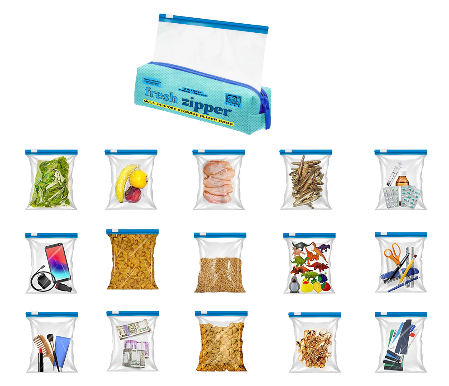 Fresh Zipper Multi-Purpose Storage Slider Bags | Microwave Safe | Freezer Safe | BPA Free